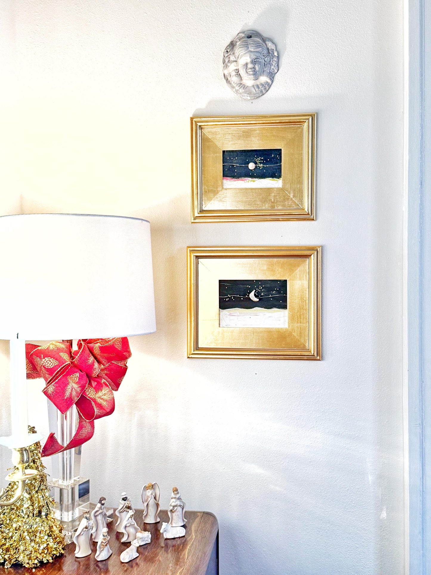 Original Abstract Artwork Mixed Media Painting Framed in Gold, Black & White Landscape,