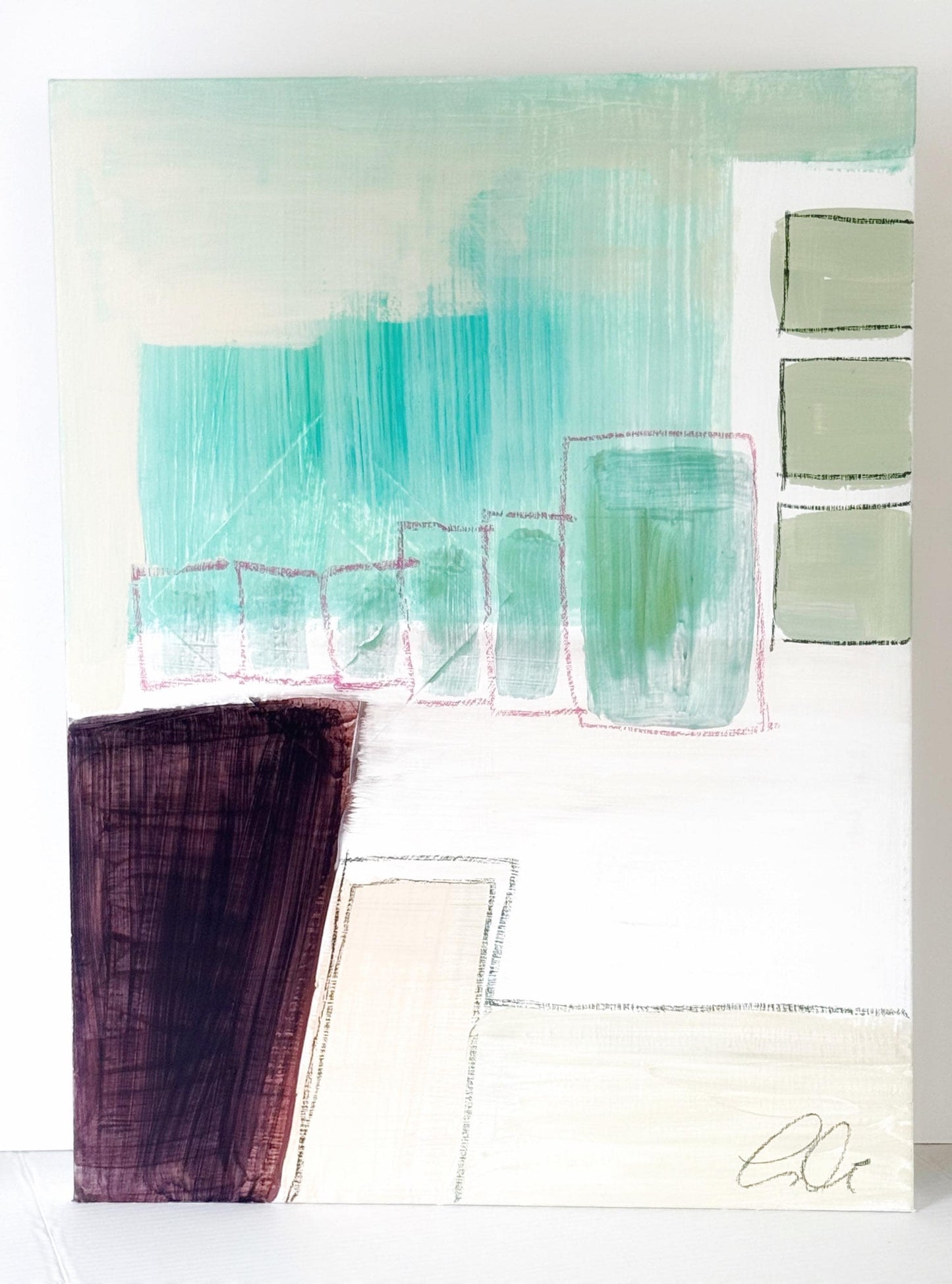 Original Abstract Mixed Media Painting on Canvas, 12x18, Pastel Artwork, Neutral Artwork, Green, Pink