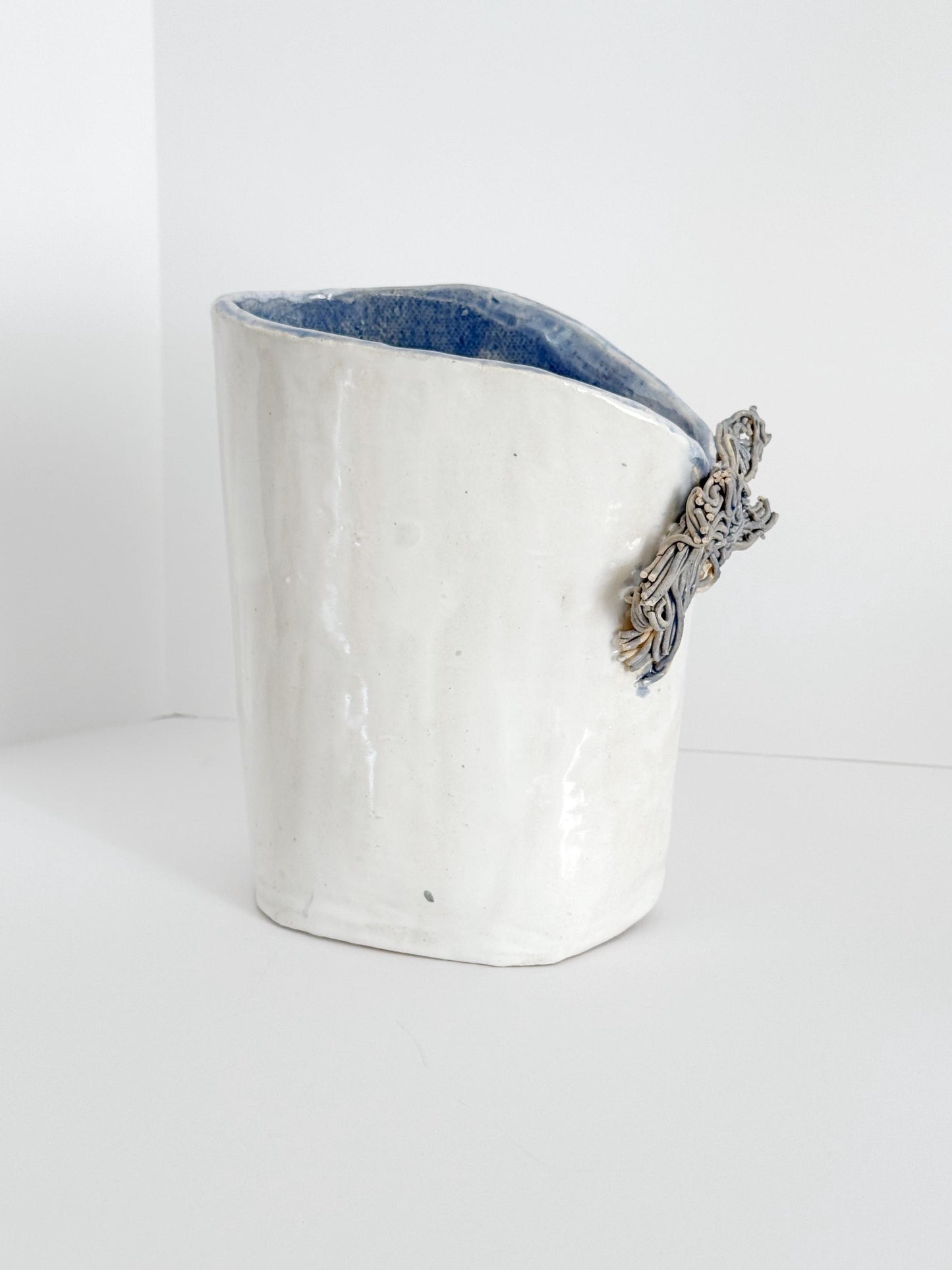 Handmade Clay Vase with Ribbon Fringe Detail, Blue & White, Signed, Abstract Clay Art, Kitchen Crock, Abstract Cay Vase