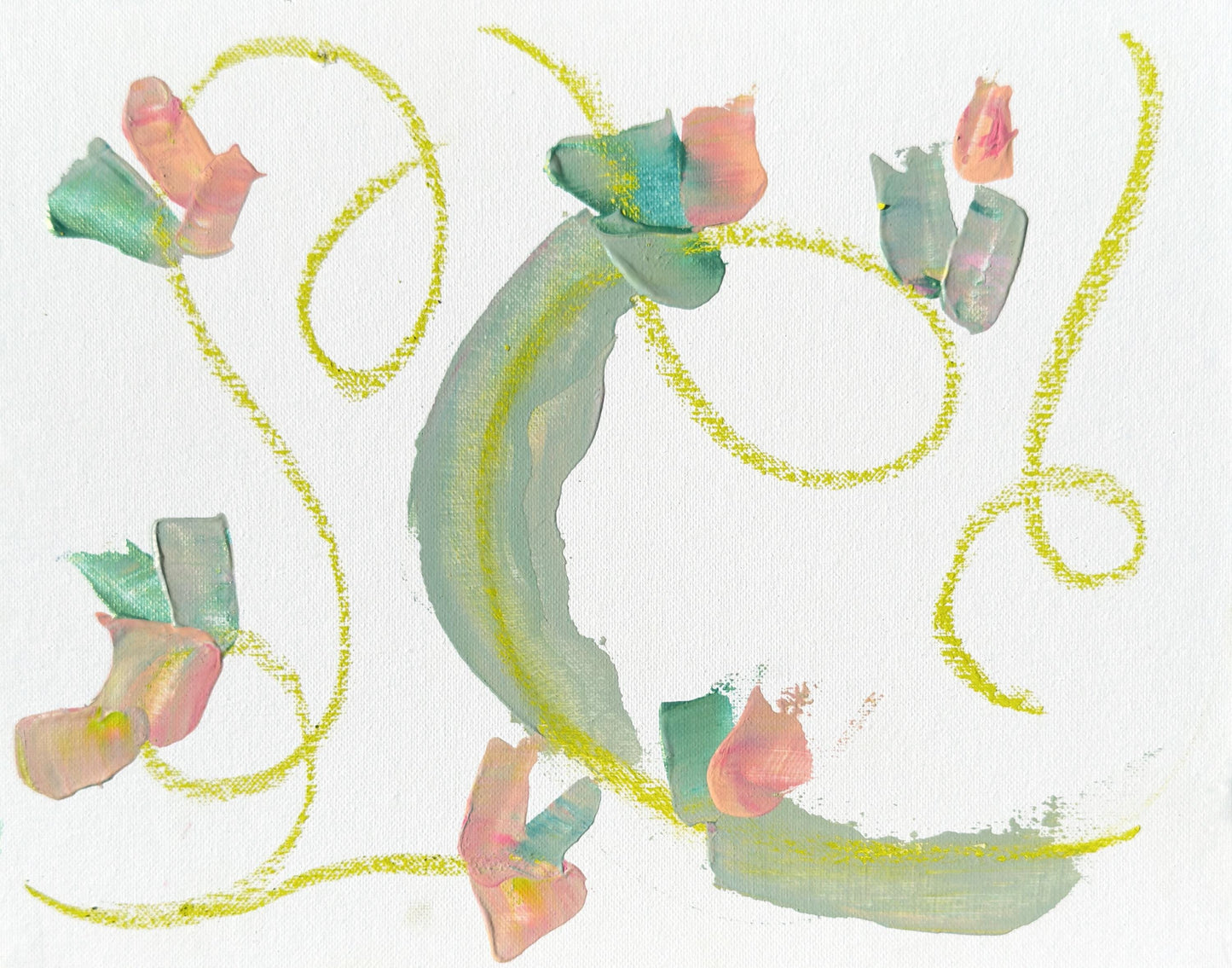 Original Abstract Mixed Media Painting, Size 11”x14”, Framed in size 16”x20” Gold Metal Gallery Frame, Floral Painting, Green, Pink