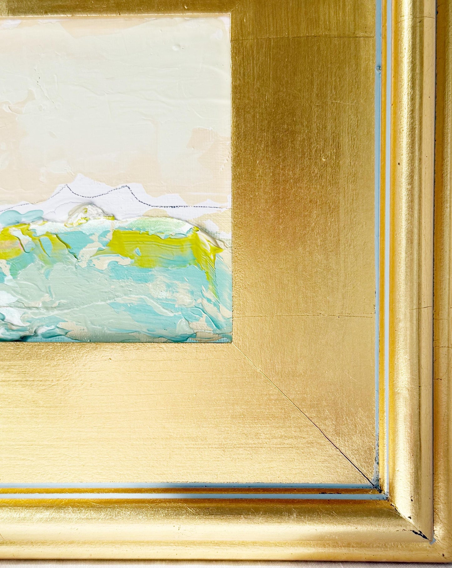 Framed Original Abstract Artwork, Mixed Media Landscape Painting (5”x7”) on Canvas, 8”x10”, Gold Frame, Neutral Wall Art, Pink & Green