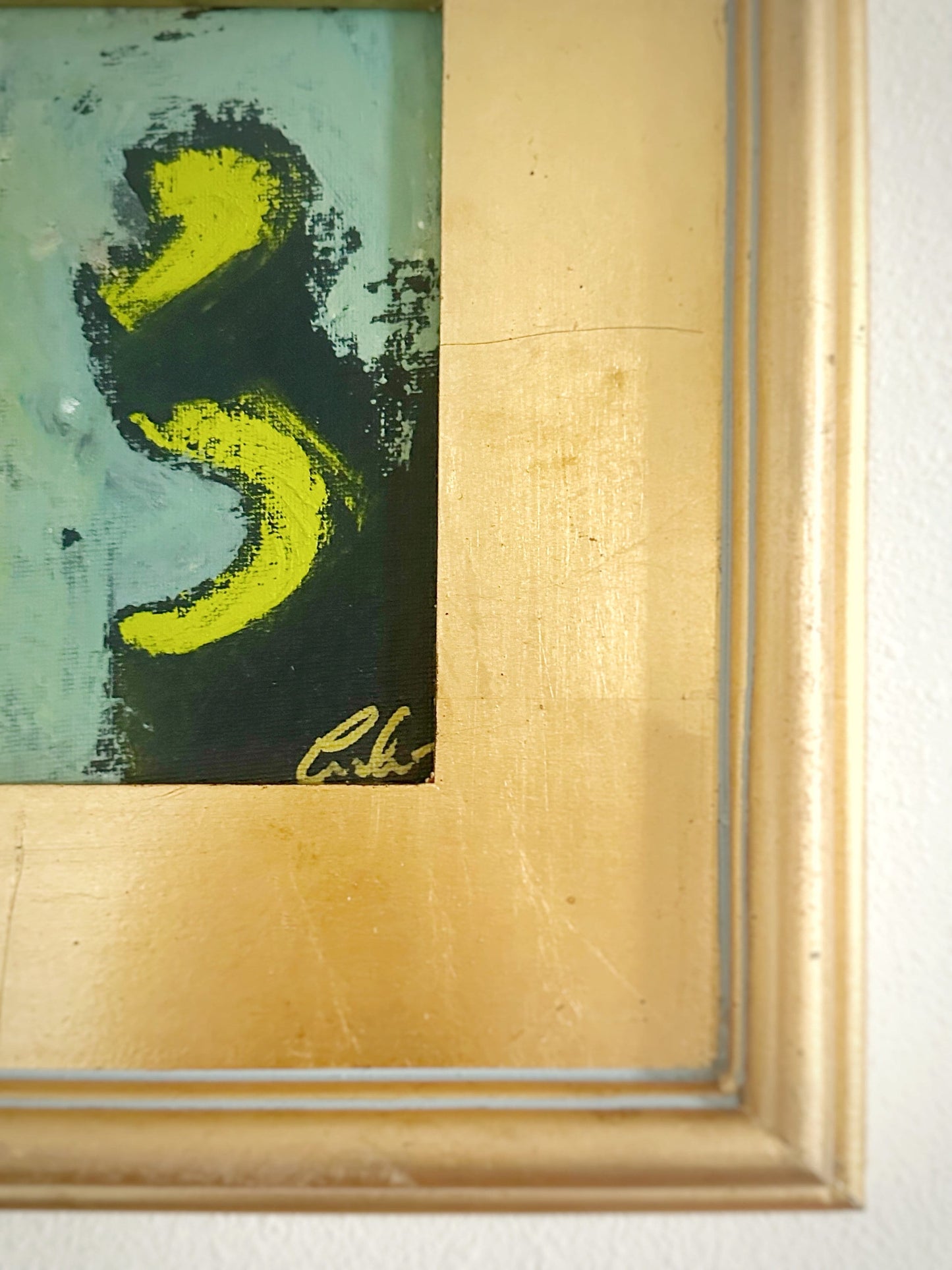 Framed Original Abstract Artwork, Mixed Media Painting (5”x7”) on Canvas, 8”x10”, Gold Frame, Neutral Wall Art, Minimal Art, Chartreuse Art