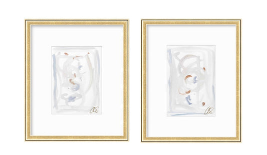 Abstract Watercolor Painting, Set of 2, 6x8, Mat Size 11x14 or 16x20, Original Wall Art, White, Blue, Neutral, Pastel, Minimalist Artwork