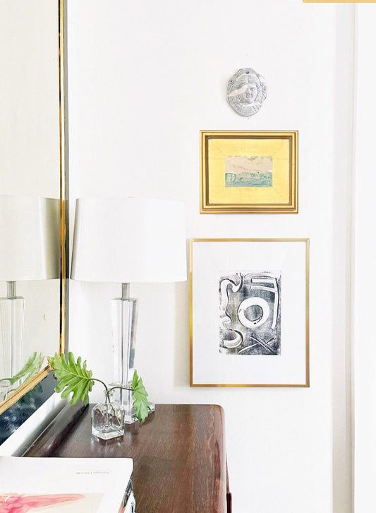 Framed Original Abstract Artwork, Mixed Media Landscape Painting (4”x6”) on Canvas, 8”x10”, Gold Frame, Neutral Wall Art, Pink & Green