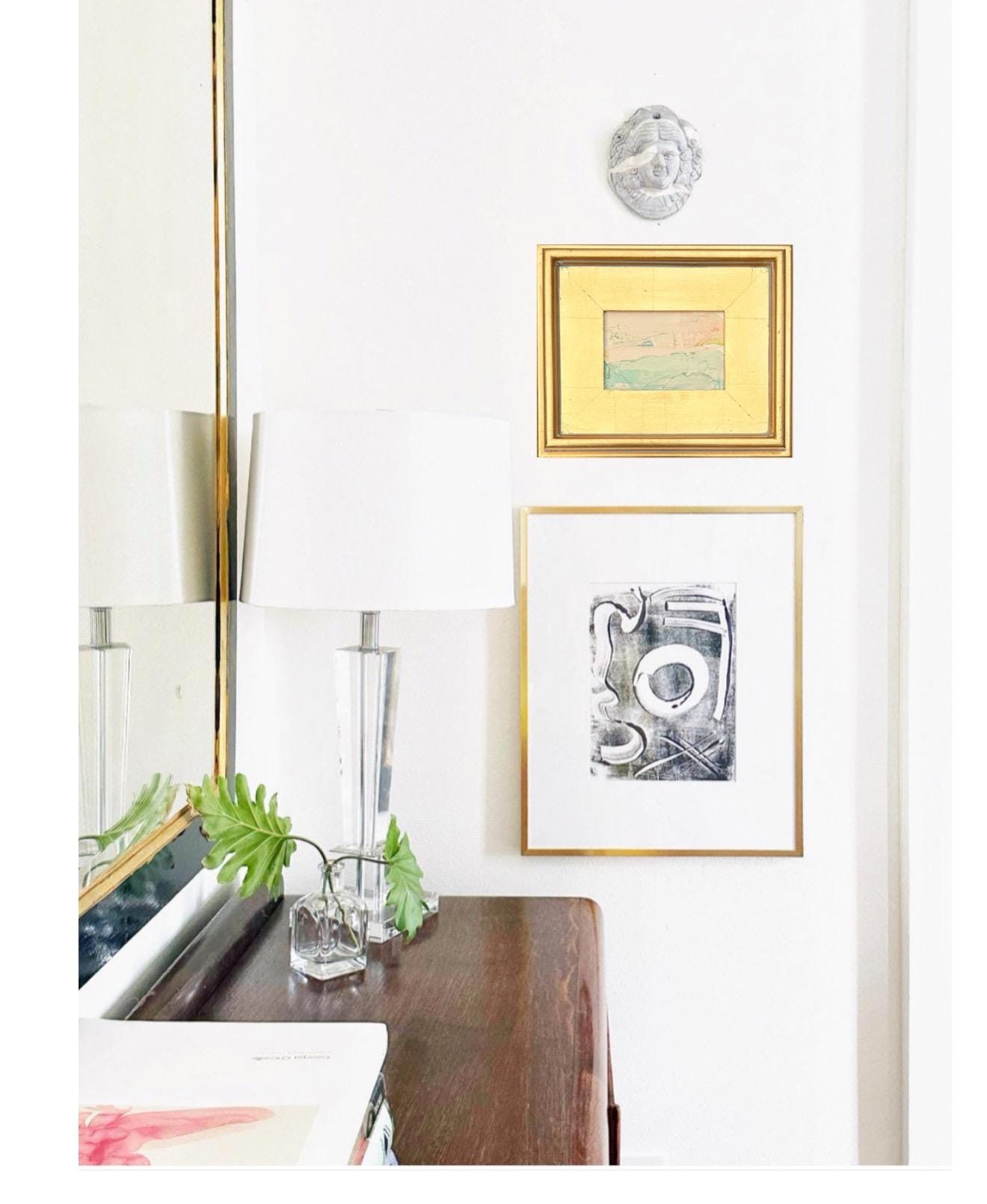 Framed Original Abstract Artwork, Mixed Media Landscape Painting (5”x7”) on Canvas, 8”x10”, Gold Frame, Neutral Wall Art, Pink & Green