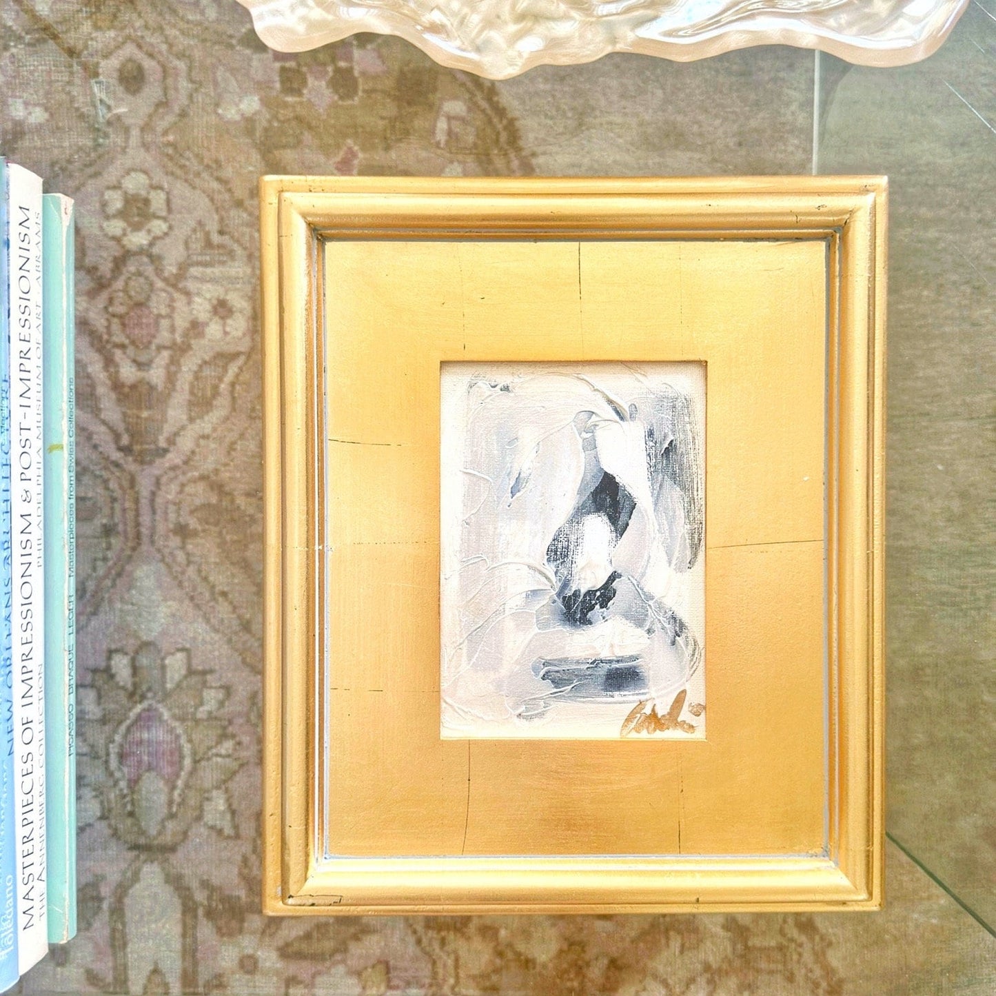 Framed Original Abstract Artwork, Mixed Media Painting (5”x7”) on Canvas, 11”x13”, Gold Frame, Neutral Wall Art, Minimal Art, Black & White