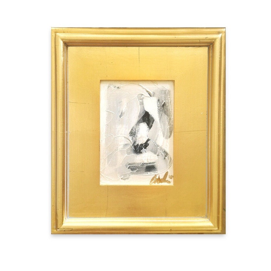 Framed Original Abstract Artwork, Mixed Media Painting (5”x7”) on Canvas, 11”x13”, Gold Frame, Neutral Wall Art, Minimal Art, Black & White