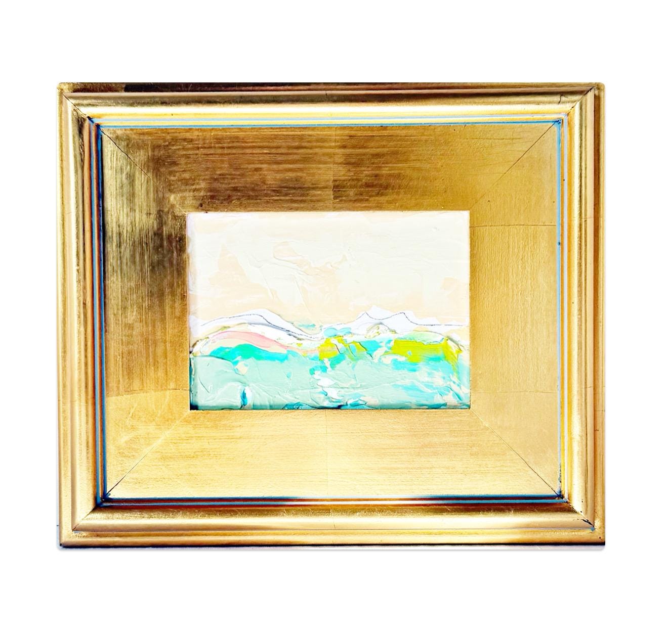 Framed Original Abstract Artwork, Mixed Media Landscape Painting (5”x7”) on Canvas, 8”x10”, Gold Frame, Neutral Wall Art, Pink & Green
