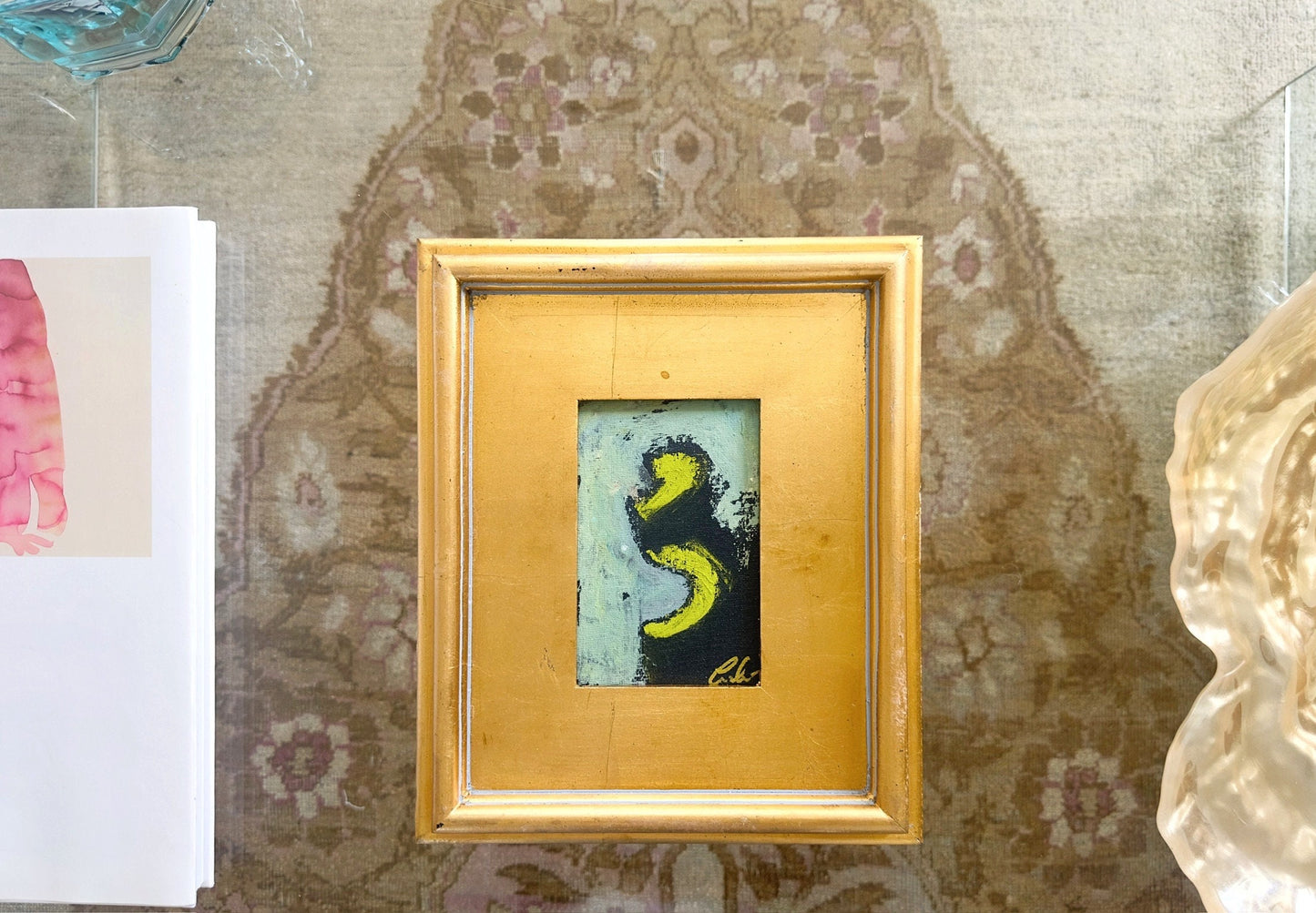 Framed Original Abstract Artwork, Mixed Media Painting (5”x7”) on Canvas, 8”x10”, Gold Frame, Neutral Wall Art, Minimal Art, Chartreuse Art