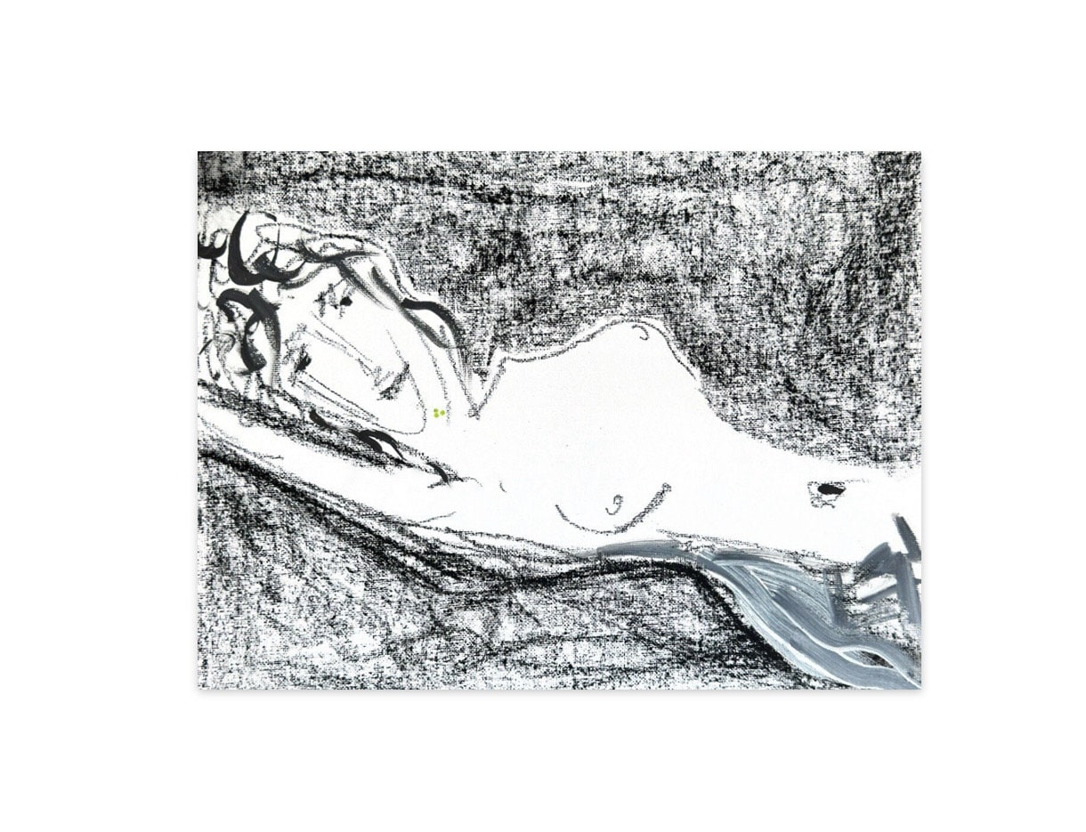 Female Nude Figure Painting, Mixed Media on Paper, Size 11”x14", Nude Woman Silhouette, Minimalist Artwork, Black & White Nude