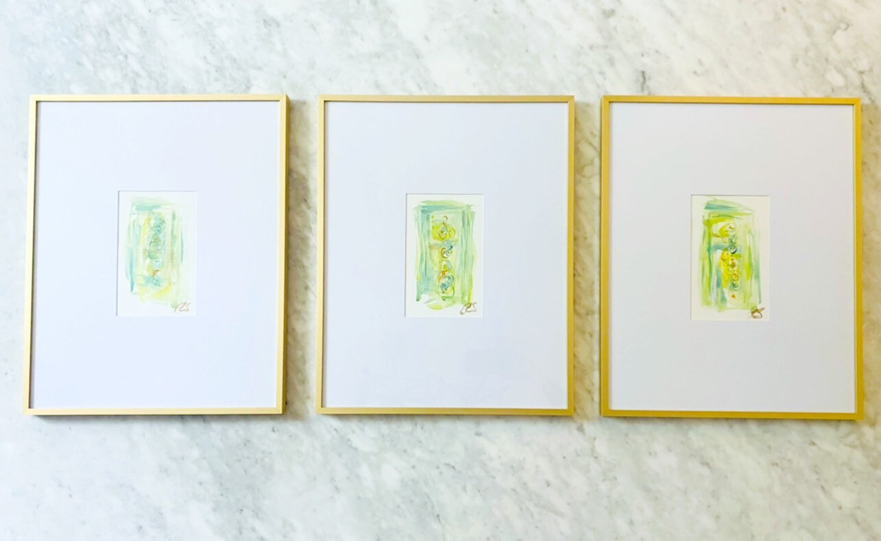Custom Set of 3 Abstract Paintings (5”x7”) Framed in 16”x20” Gold Metal Gallery Frames