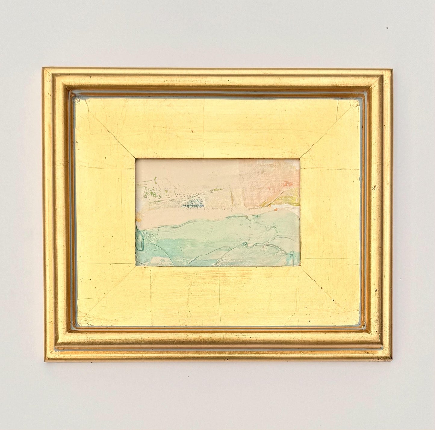 Framed Original Abstract Artwork, Mixed Media Landscape Painting (4”x6”) on Canvas, 8”x10”, Gold Frame, Neutral Wall Art, Pink & Green