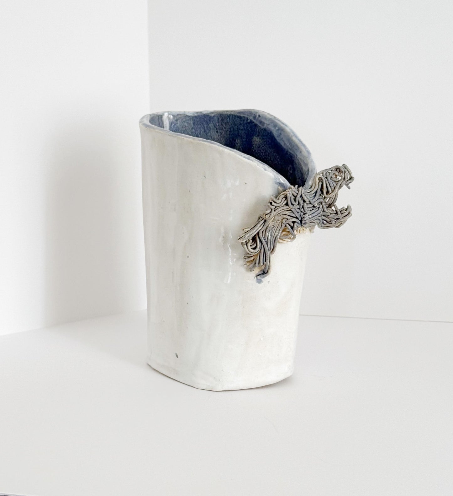 Handmade Clay Vase with Ribbon Fringe Detail, Blue & White, Signed, Abstract Clay Art, Kitchen Crock, Abstract Cay Vase