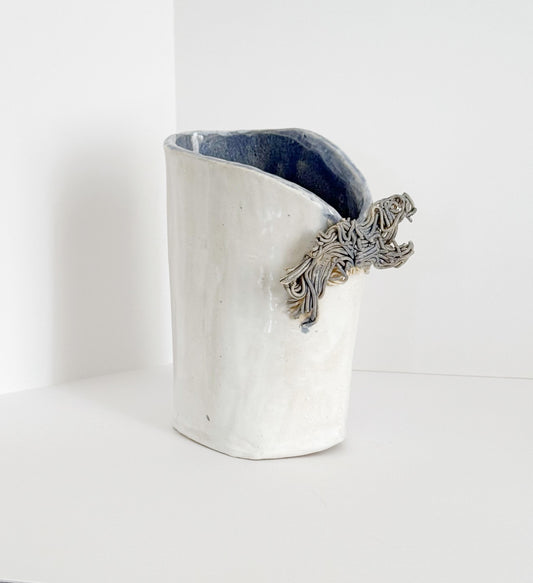 Handmade Clay Vase with Ribbon Fringe Detail, Blue & White, Signed, Abstract Clay Art, Kitchen Crock, Abstract Cay Vase