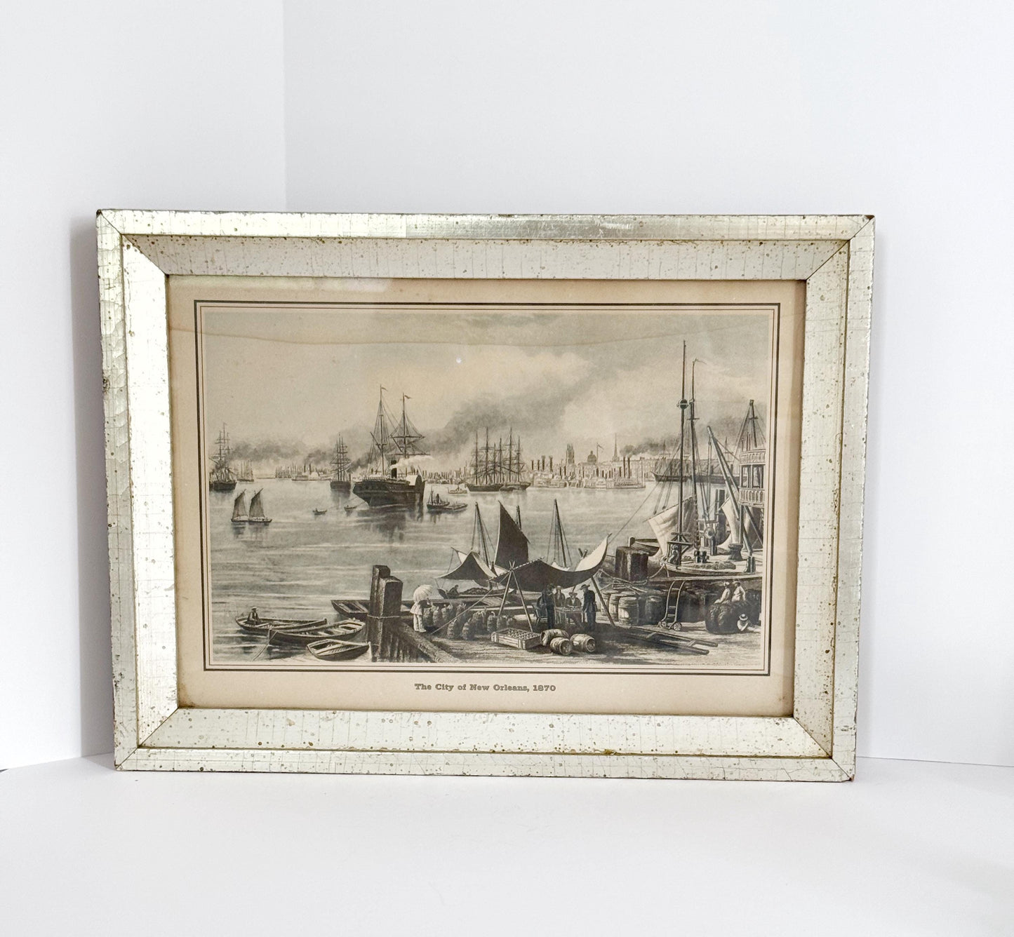 Vintage Framed New Orleans Landscape Print. Silver and Gold-leafed frame measures 8x10.