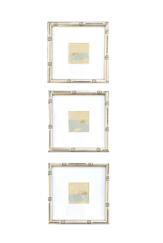 Original Abstract Mixed Media Landscape Paintings, Set of 3, Framed in Vintage Silver-Leaf Bamboo frames, Original Artwork, Blue, Pink