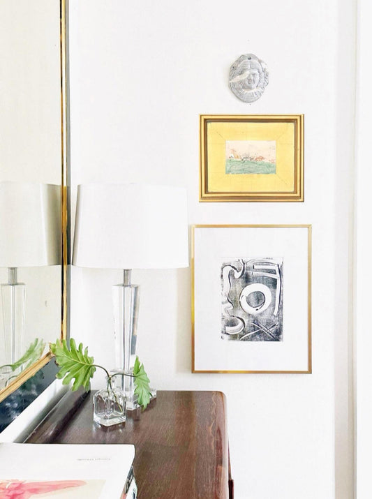 Framed Original Abstract Artwork, Mixed Media Landscape Painting (4”x6”) on Canvas, 8”x10”, Gold Frame, Neutral Wall Art, Pink & Green