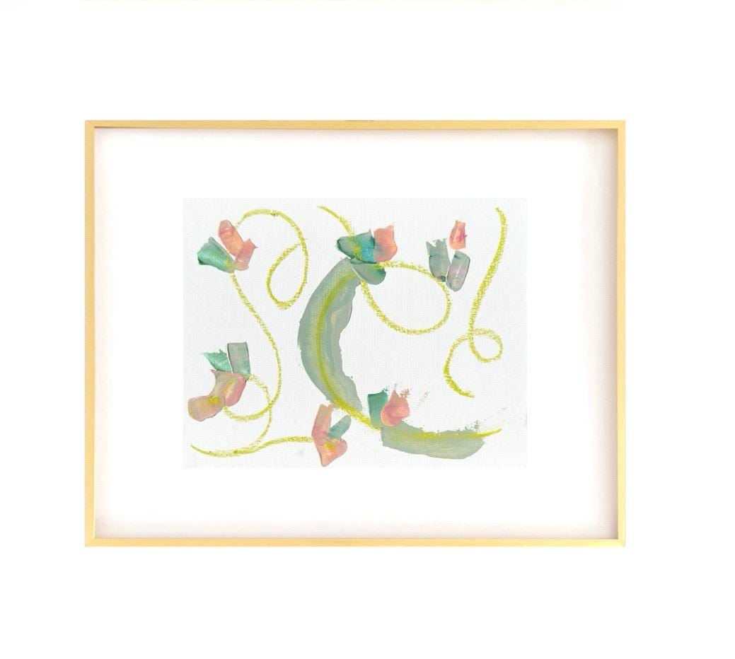 Original Abstract Mixed Media Painting, Size 11”x14”, Framed in size 16”x20” Gold Metal Gallery Frame, Floral Painting, Green, Pink