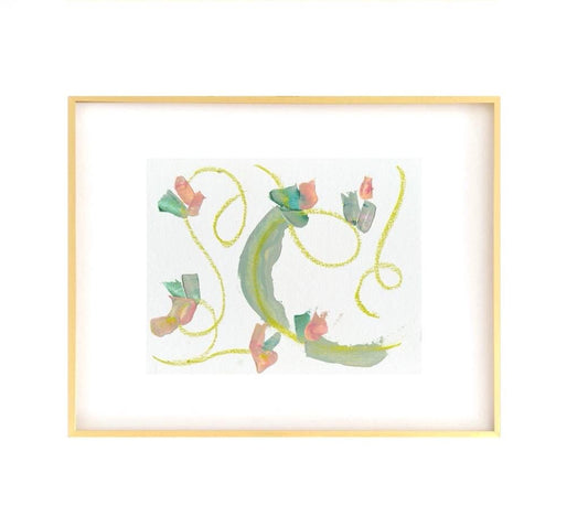 Original Abstract Mixed Media Painting, Size 11”x14”, Framed in size 16”x20” Gold Metal Gallery Frame, Floral Painting, Green, Pink