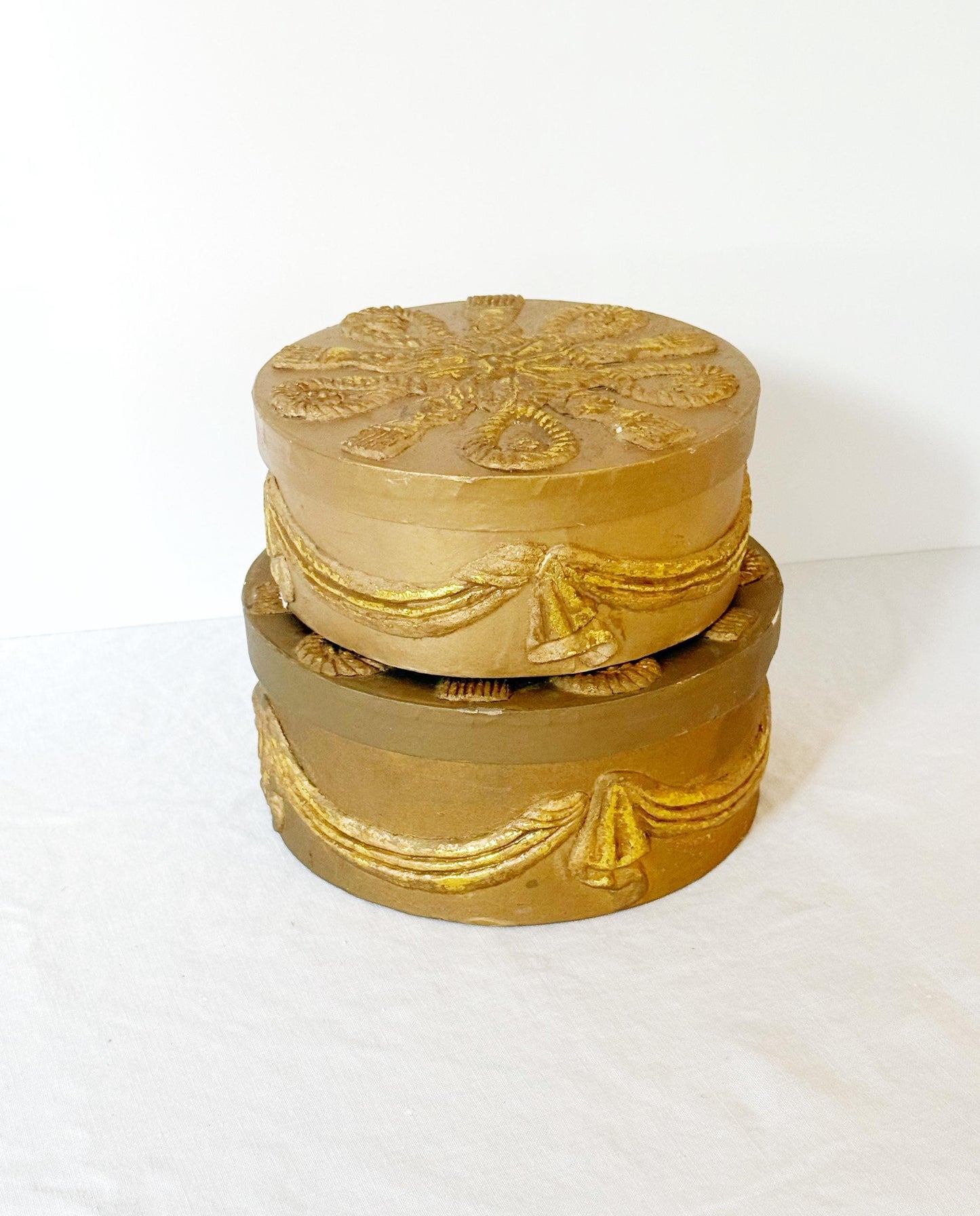 Pair of Ornate Gold Vintage Nesting Boxes, Round