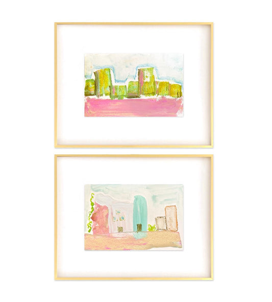 Abstract Watercolor Painting, Pair of 5x7 in 11x14 White Mat, Abstract Artwork, Original Painting, Pink & GreenArtwork, Small Framed Artwork