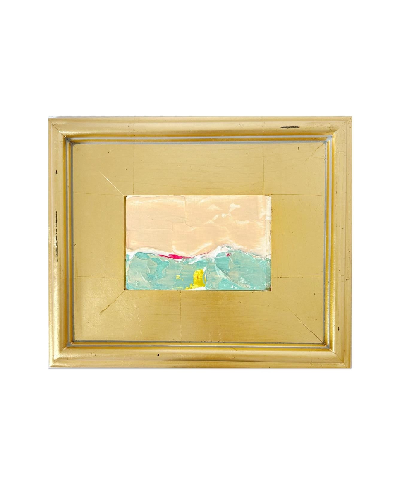 Framed Original Abstract Artwork, Mixed Media Landscape Painting (4”x6”) on Canvas, 8”x10”, Gold Frame, Neutral Wall Art, Pink & Green