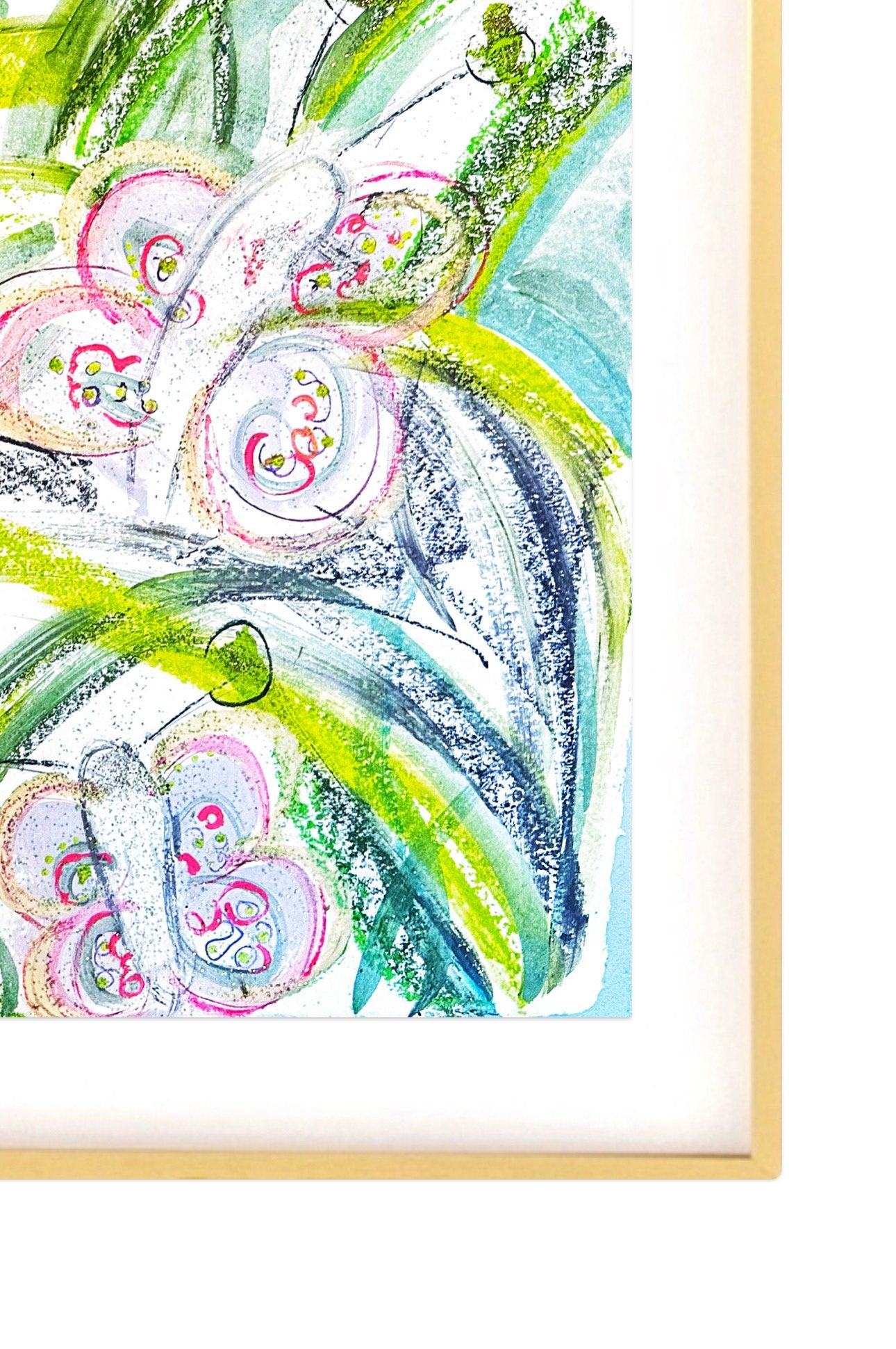 Large Original Abstract Mixed Media Painting on Paper, 18x24, Garden Theme, Butterflies, Green, Pink