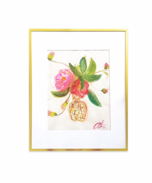 Original Abstract Watercolor Painting, Size 11”x14”, Framed in 16”x20” Gold Metal Gallery Frame, Floral Watercolor, Pink & Green, Gift