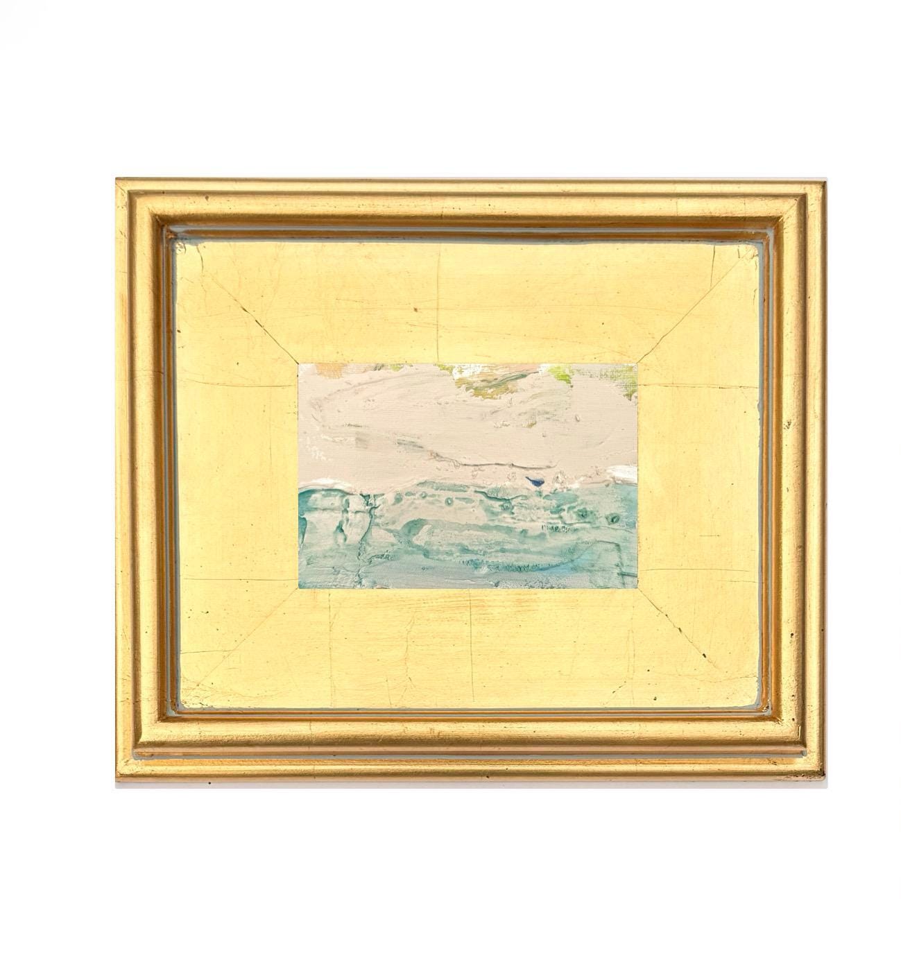 Framed Original Abstract Artwork, Mixed Media Landscape Painting (4”x6”) on Canvas, 8”x10”, Gold Frame, Neutral Wall Art, Pink & Green