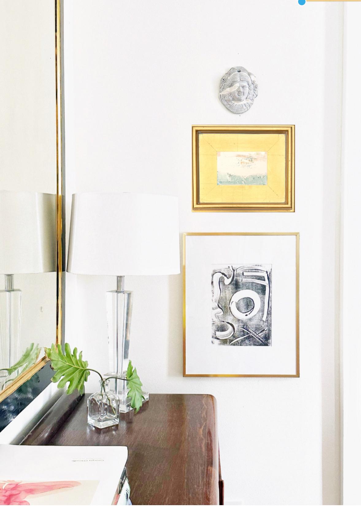 Framed Original Abstract Artwork, Mixed Media Landscape Painting (4”x6”) on Canvas, 8”x10”, Gold Frame, Neutral Wall Art, Pink & Green