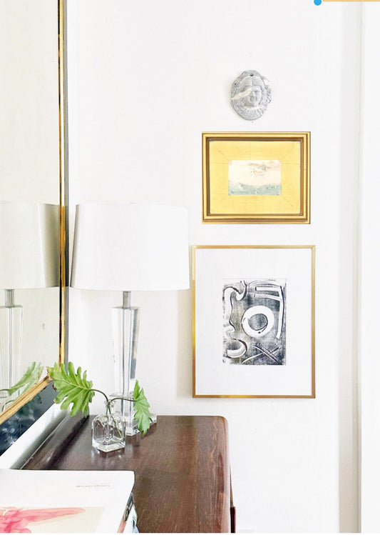 Framed Original Abstract Artwork, Mixed Media Landscape Painting (4”x6”) on Canvas, 8”x10”, Gold Frame, Neutral Wall Art, Pink & Green