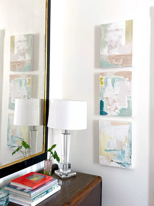 Original Abstract Mixed Media Paintings on Canvas, Pair of 12”x18”, Green & Pink Painting, Abstract Art, Pastel Artwork