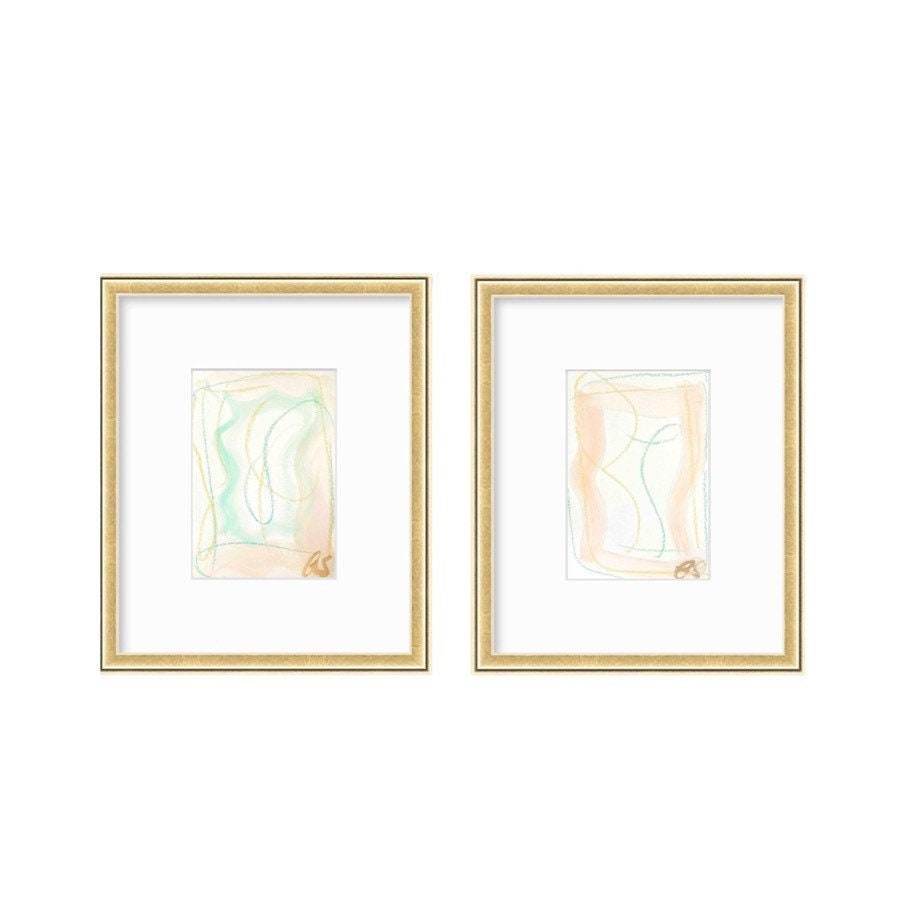 Abstract Watercolor Painting, Set of 2, 5x7, White Mat, Original Artwork, Yellow, Grey, White, Pastel Artwork, Neutral Art, Landscape