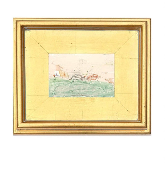 Framed Original Abstract Artwork, Mixed Media Landscape Painting (4”x6”) on Canvas, 8”x10”, Gold Frame, Neutral Wall Art, Pink & Green