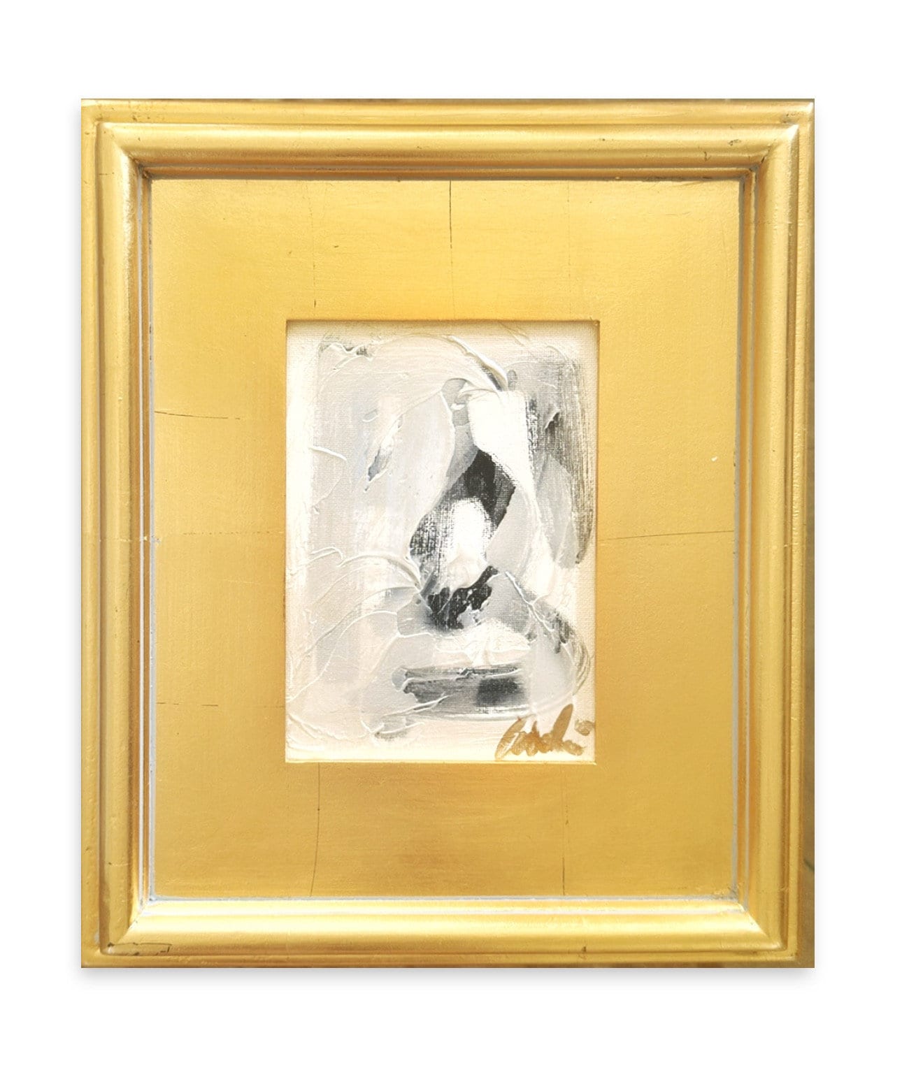 Framed Original Abstract Artwork, Mixed Media Painting (5”x7”) on Canvas, 11”x13”, Gold Frame, Neutral Wall Art, Minimal Art, Black & White