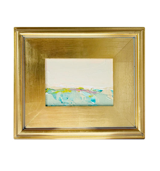 Framed Original Abstract Artwork, Mixed Media Landscape Painting (5”x7”) on Canvas, 8”x10”, Gold Frame, Neutral Wall Art, Pink & Green