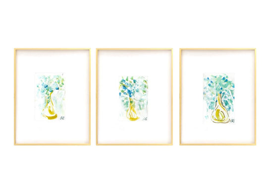 Original Abstract Watercolor Painting, Mixed Media, Set of 3, 4”x6” in White Mat, Original Artwork, White, Neutral, Abstract Blue Artwork