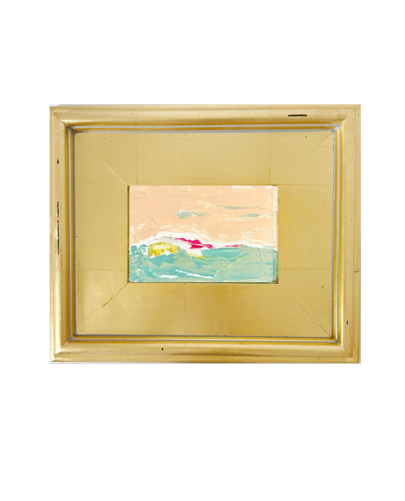 Framed Original Abstract Artwork, Mixed Media Landscape Painting (4”x6”) on Canvas, 8”x10”, Gold Frame, Neutral Wall Art, Pink & Green