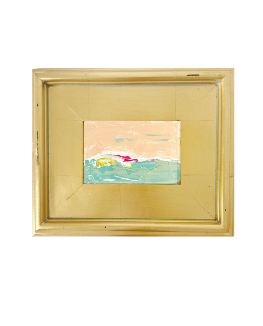 Framed Original Abstract Artwork, Mixed Media Landscape Painting (4”x6”) on Canvas, 8”x10”, Gold Frame, Neutral Wall Art, Pink & Green