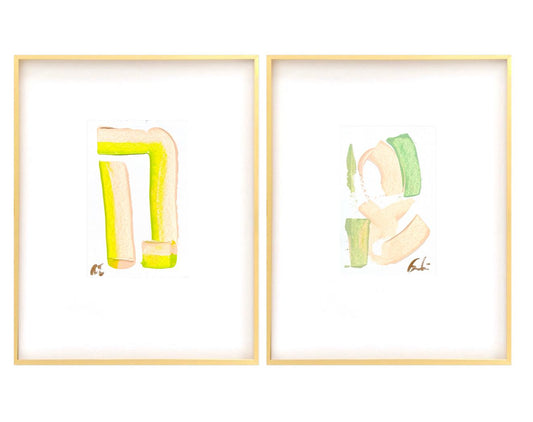 Abstract Watercolor Painting, Pair of 5x7, Pink & Green