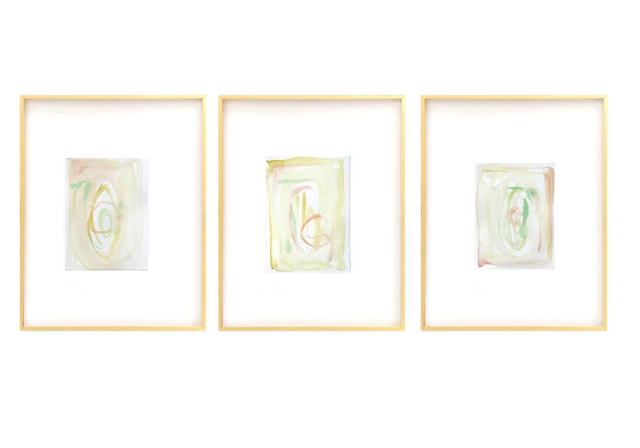 Abstract Watercolor Paintings, Set of Three, 5"x7”, Pink, Green, Pastel