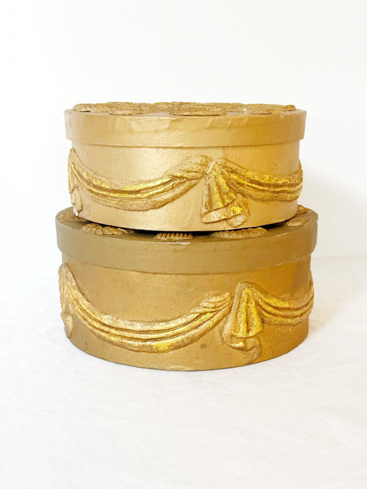 Pair of Ornate Gold Vintage Nesting Boxes, Round