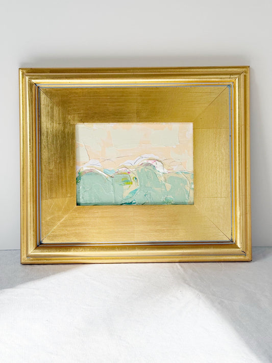 Framed Original Abstract Artwork, Mixed Media Landscape Painting (5”x7”) on Canvas, 8”x10”, Gold Frame, Neutral Wall Art, Pink & Green