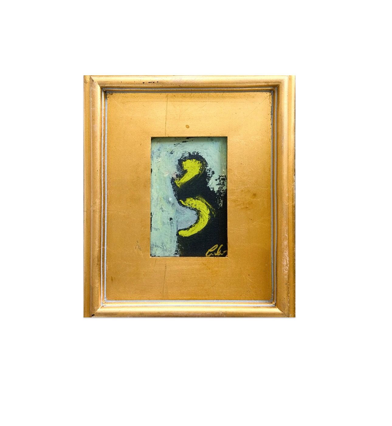 Framed Original Abstract Artwork, Mixed Media Painting (5”x7”) on Canvas, 8”x10”, Gold Frame, Neutral Wall Art, Minimal Art, Chartreuse Art