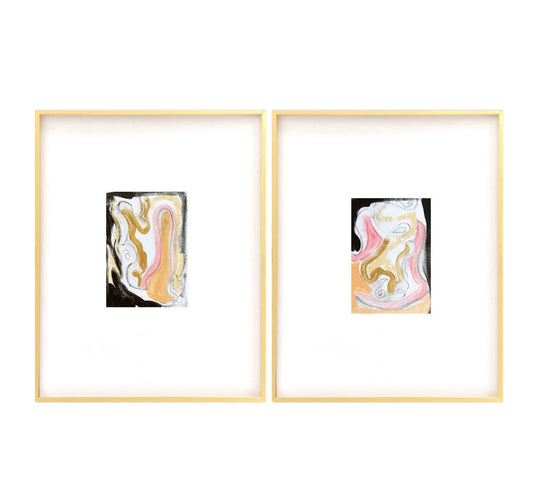 Abstract Watercolor Painting Set of 2, Size 5”x7" Matted in 11”x14", Original Artwork, Taupe, Pink, Black, Neutral Artwork, Pastel Artwork