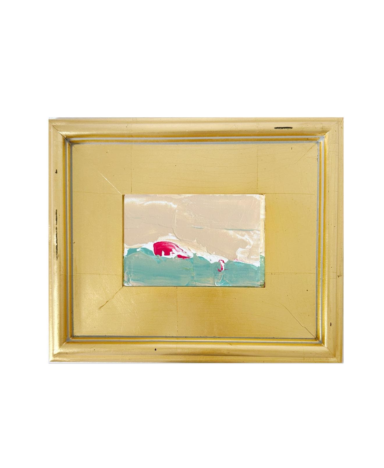 Framed Original Abstract Artwork, Mixed Media Landscape Painting (4”x6”) on Canvas, 8”x10”, Gold Frame, Neutral Wall Art, Pink & Green
