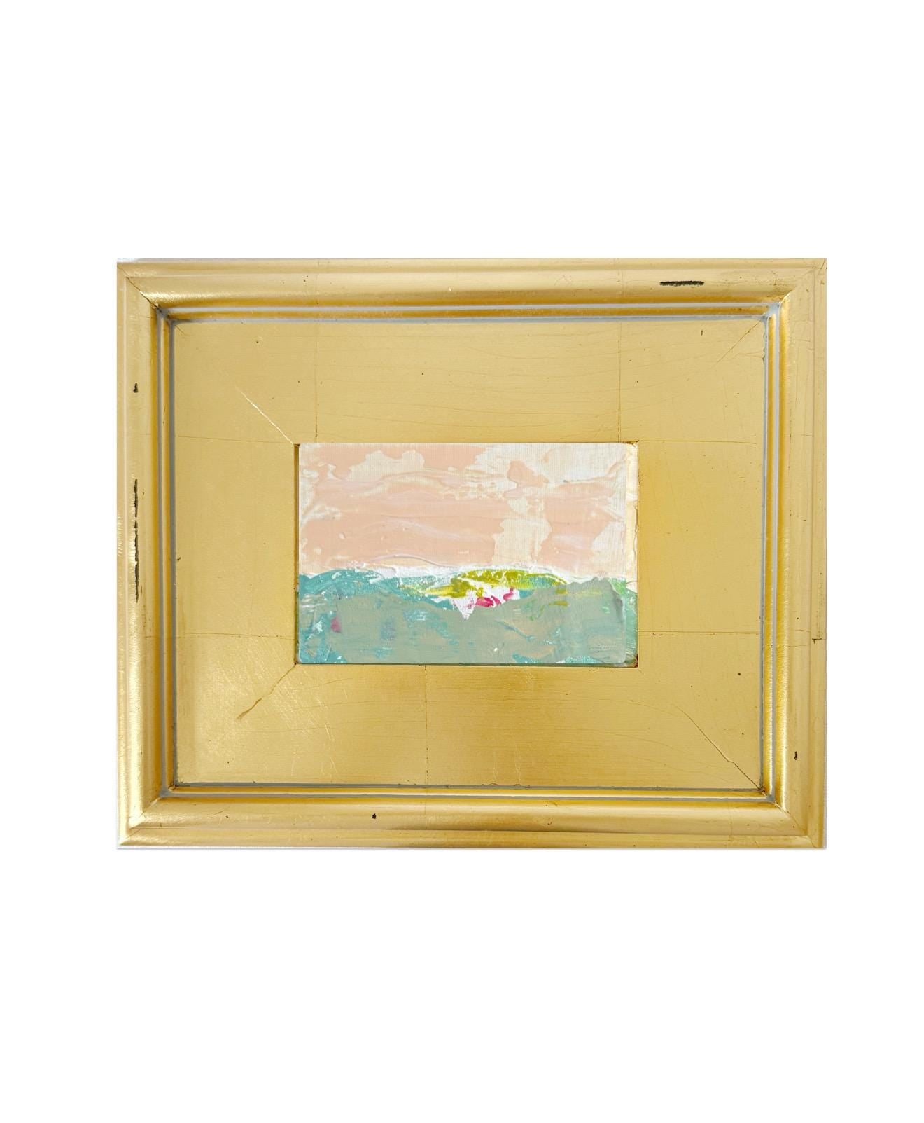 Framed Original Abstract Artwork, Mixed Media Landscape Painting (4”x6”) on Canvas, 8”x10”, Gold Frame, Neutral Wall Art, Pink & Green