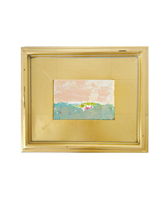 Framed Original Abstract Artwork, Mixed Media Landscape Painting (4”x6”) on Canvas, 8”x10”, Gold Frame, Neutral Wall Art, Pink & Green