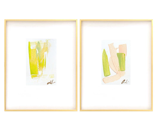 Abstract Watercolor Paintings, Pair of 5x7, Pink & Green