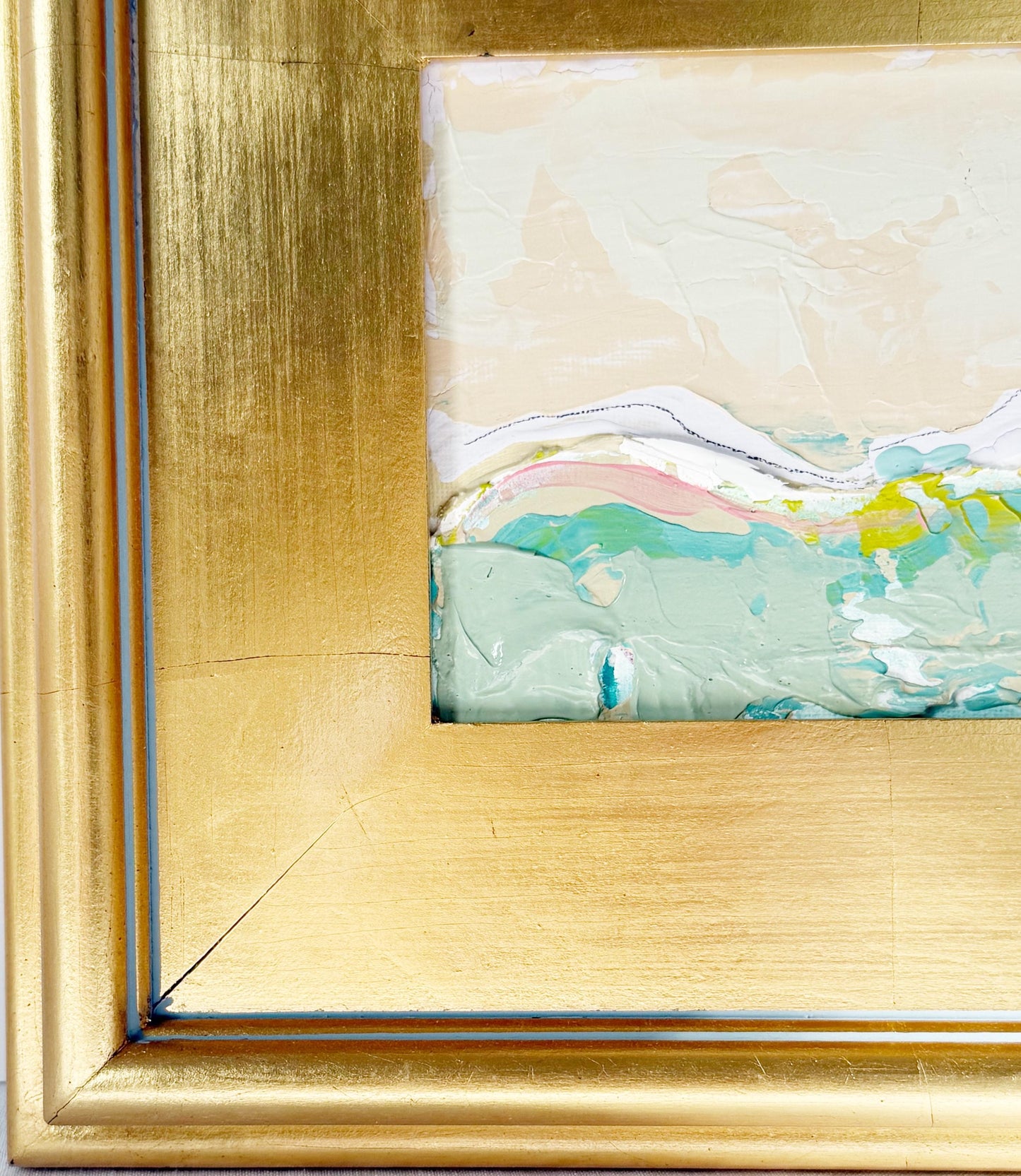 Framed Original Abstract Artwork, Mixed Media Landscape Painting (5”x7”) on Canvas, 8”x10”, Gold Frame, Neutral Wall Art, Pink & Green